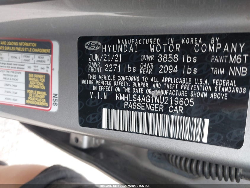 2022 Hyundai Elantra VIN KMHLS4AG1NU219605 IAAI salvage auction — LEFT FRONT, Salvage - Greater Than 75% (Maryland), sold $5,500 on 2026-07-28 (photo 9)