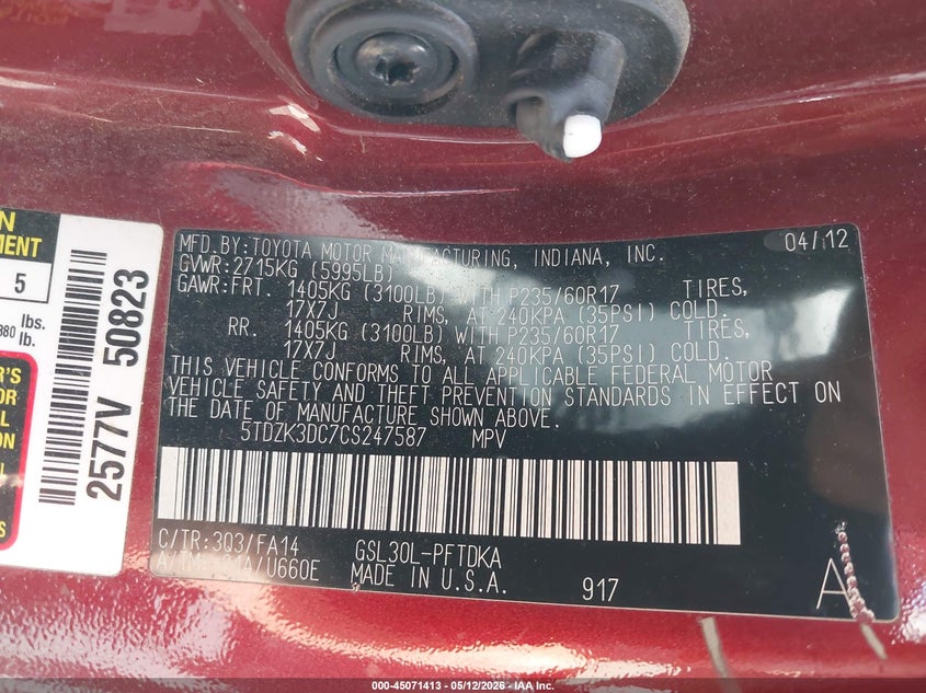 2012 Toyota Sienna VIN 5TDZK3DC7CS247587 IAAI salvage auction — RIGHT FRONT, Salvage (North Carolina), sold $825 on 2026-07-23 (photo 9)