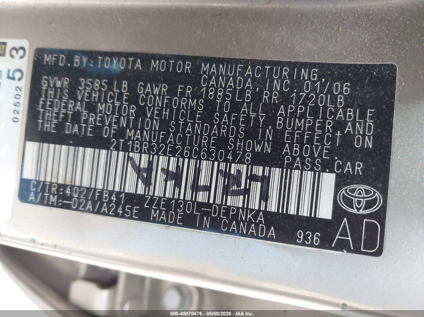 2006 Toyota Corolla VIN 2T1BR32E26C630478 IAAI salvage auction — FRONT END, Salvage (Idaho), sold $1,250 on 2026-07-11 (photo 9)
