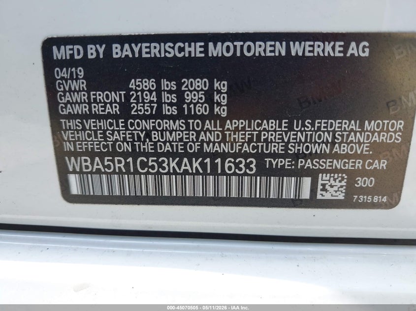 2019 BMW 3er VIN WBA5R1C53KAK11633 IAAI salvage auction — TRANSMISSION, Salvage (Tennessee), sold $8,700 on 2026-07-10 (photo 9)