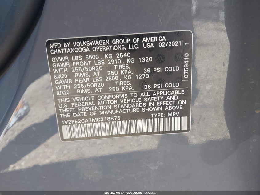 2021 Volkswagen Atlas cross sport VIN 1V2PE2CA7MC218875 IAAI salvage auction — LEFT REAR, Salvage (Arkansas), sold $5,100 on 2026-07-09 (photo 9)