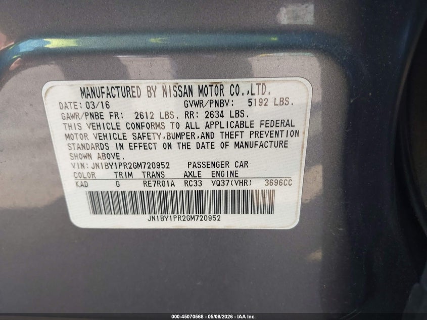 2016 Infiniti Q70 VIN JN1BY1PR2GM720952 IAAI salvage auction — REAR END, Salvage - Greater Than 75% (Maryland), sold $2,650 on 2026-07-14 (photo 9)