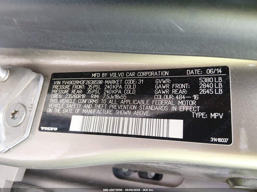 2015 Volvo Xc60 VIN YV4902RM3F2638598 IAAI salvage auction — FRONT END, Salvage (Indiana), sold $1,675 on 2026-08-29 (photo 9)