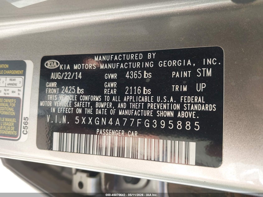 2015 Kia Optima VIN 5XXGN4A77FG395885 IAAI salvage auction — HAIL, Original (Texas), sold $1,975 on 2026-07-13 (photo 9)