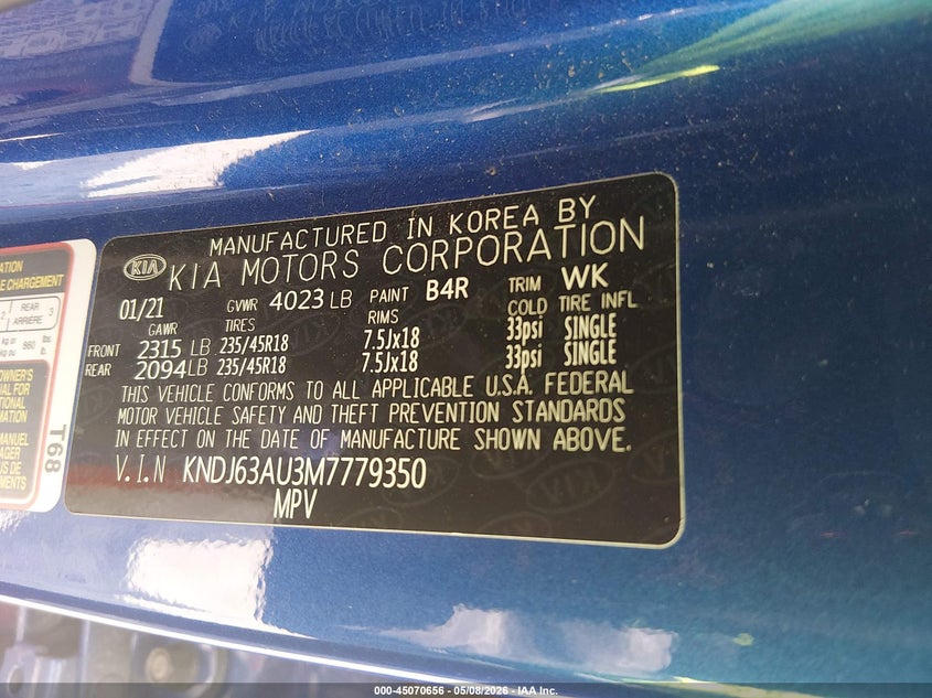 2021 Kia Soul VIN KNDJ63AU3M7779350 IAAI salvage auction — FRONT END, Salvage (Georgia), sold $1,850 on 2026-07-31 (photo 9)