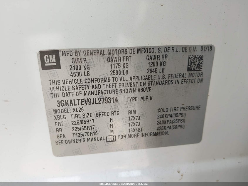 2018 Gmc Terrain VIN 3GKALTEV9JL279314 IAAI salvage auction — FRONT END, Salvage (Pennsylvania), sold $2,200 on 2026-07-10 (photo 9)