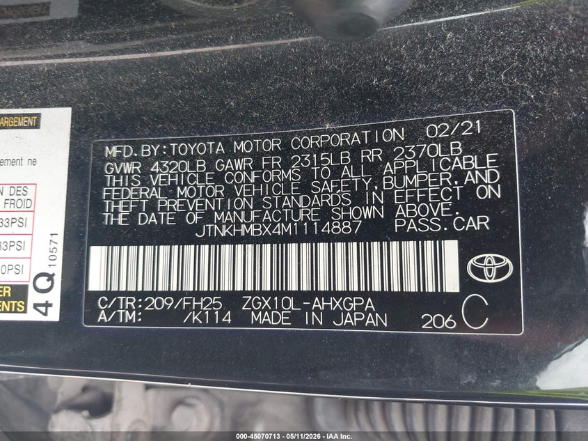 2021 Toyota C-hr VIN JTNKHMBX4M1114887 IAAI salvage auction — FRONT END, Original (Texas), sold $5,300 on 2026-07-23 (photo 9)