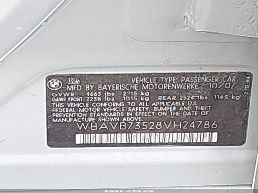 2008 BMW 3er VIN WBAVB73528VH24786 IAAI salvage auction — FRONT END, Clear (Indiana), sold $425 on 2026-07-10 (photo 9)