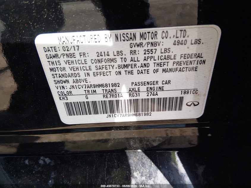 2017 Infiniti Q50 VIN JN1CV7AR9HM681982 IAAI salvage auction — VANDALISM, Salvage (Connecticut), sold $1,025 on 2026-08-01 (photo 9)