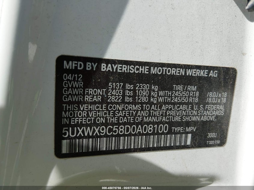 2013 BMW X3 VIN 5UXWX9C58D0A08100 IAAI salvage auction — RIGHT SIDE, Salvage (Illinois), sold $1,000 on 2026-07-14 (photo 9)