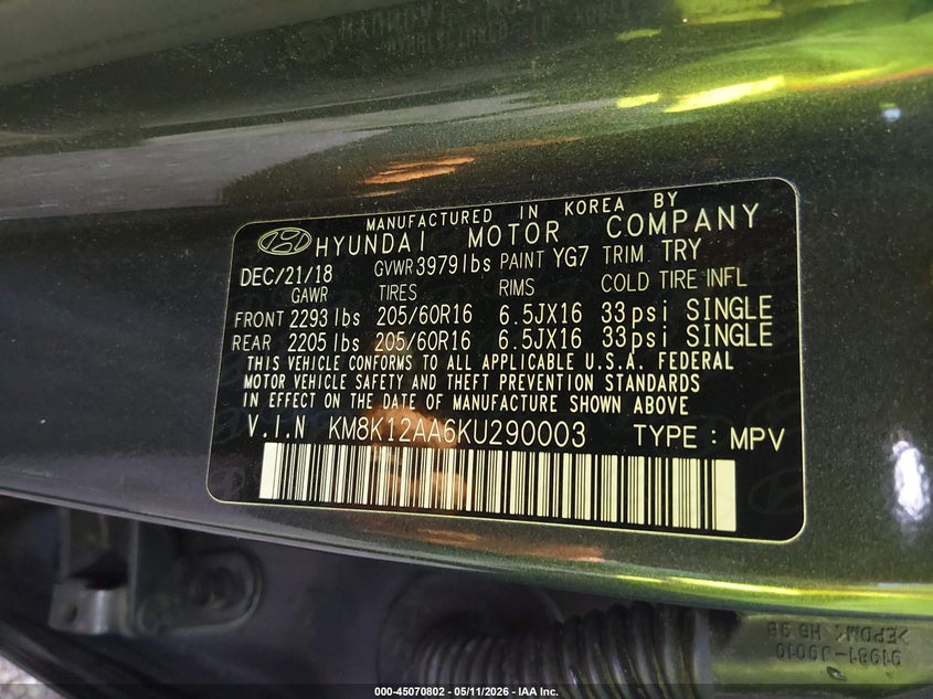 2019 Hyundai Kona VIN KM8K12AA6KU290003 IAAI salvage auction — FRONT END, Clear (Indiana), sold $75 on 2026-07-29 (photo 9)