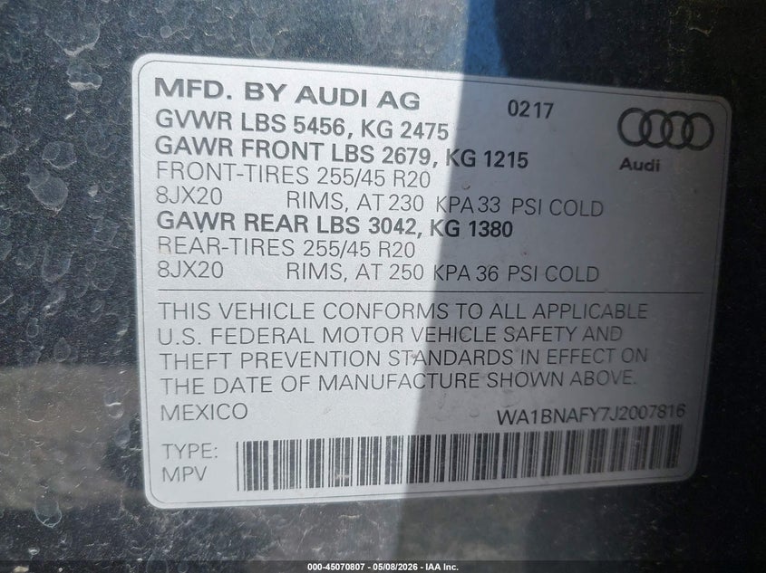 2018 Audi Q5 VIN WA1BNAFY7J2007816 IAAI salvage auction — FRONT END, Salvage (Missouri), sold $6,300 on 2026-07-27 (photo 9)