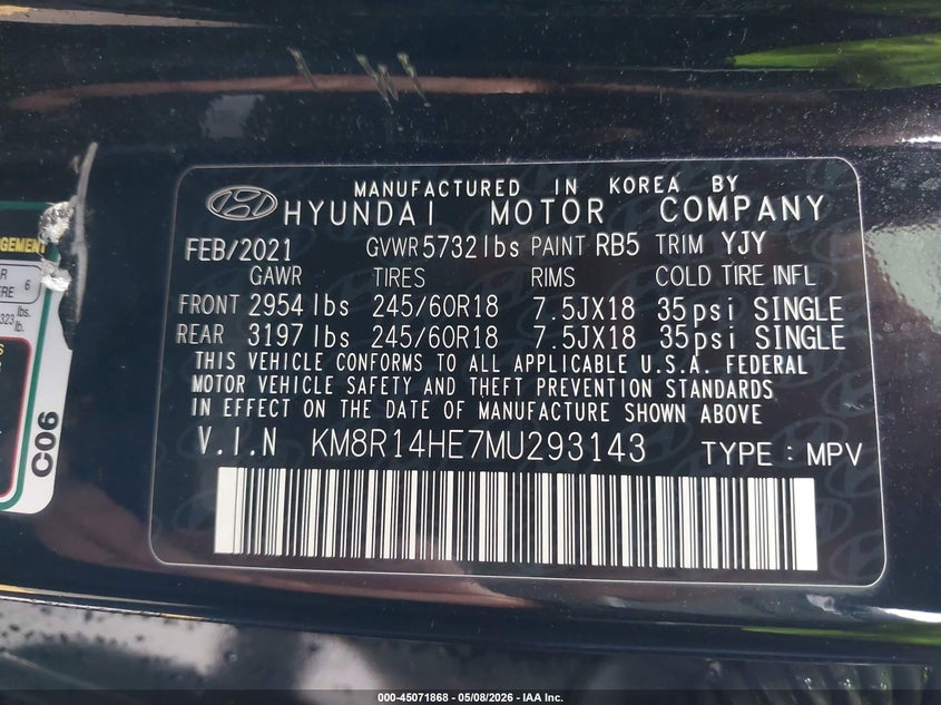 2021 Hyundai Palisade VIN KM8R14HE7MU293143 IAAI salvage auction — HAIL, Original (Texas), sold $9,050 on 2026-07-18 (photo 9)