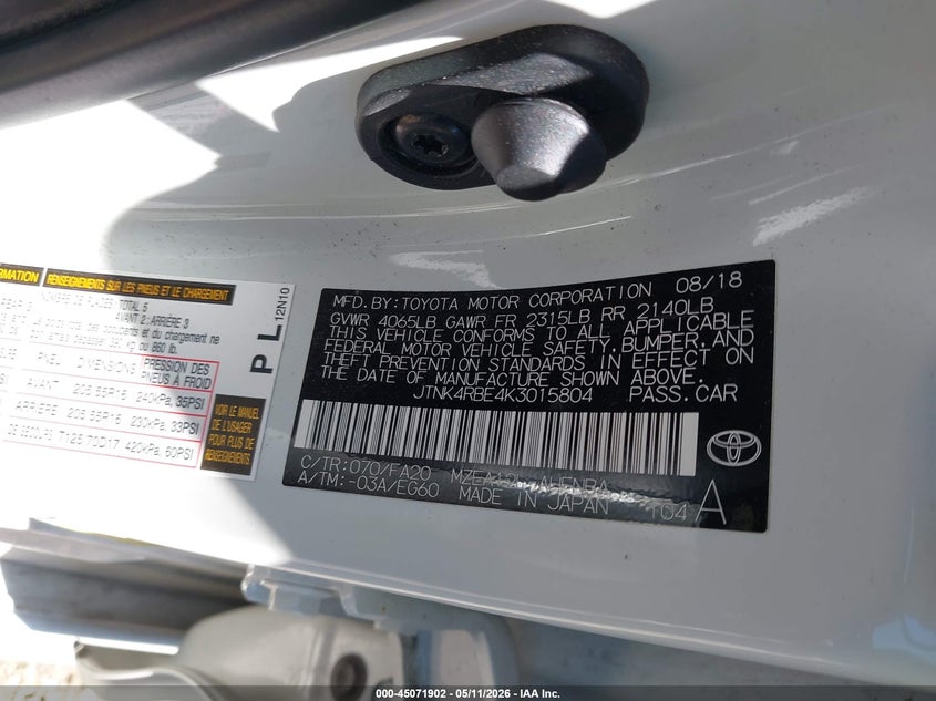 2019 Toyota Corolla VIN JTNK4RBE4K3015804 IAAI salvage auction — FRONT END, Salvage (Illinois), sold $2,550 on 2026-07-16 (photo 9)