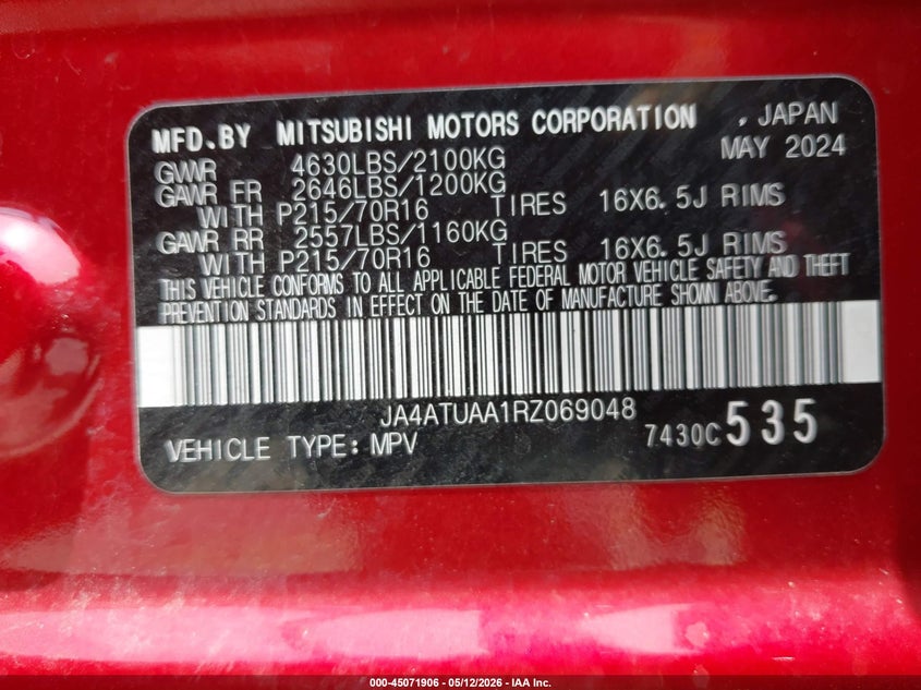 2024 Mitsubishi Eclipse cross VIN JA4ATUAA1RZ069048 IAAI salvage auction — RIGHT SIDE, Rebuildable (Florida), sold $1,000 on 2026-07-16 (photo 9)