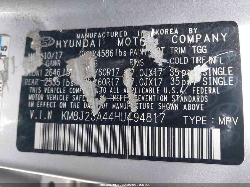 2017 Hyundai Tucson VIN KM8J23A44HU494817 IAAI salvage auction — FRONT END, Clear (Indiana), sold $3,950 on 2026-07-07 (photo 9)