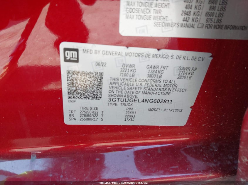 2022 Gmc SIERRA VIN 3GTUUGEL4NG602811 IAAI salvage auction — REAR END, Original (Texas), sold $19,500 on 2026-07-29 (photo 9)