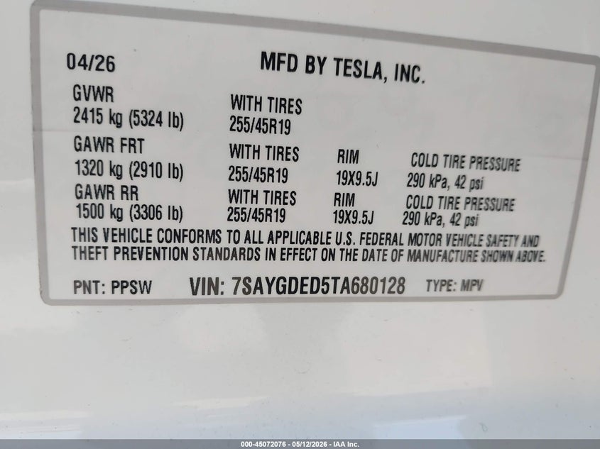 2026 Tesla Model y VIN 7SAYGDED5TA680128 IAAI salvage auction — FRONT & REAR, Salvage (Texas), sold $16,750 on 2026-07-16 (photo 9)