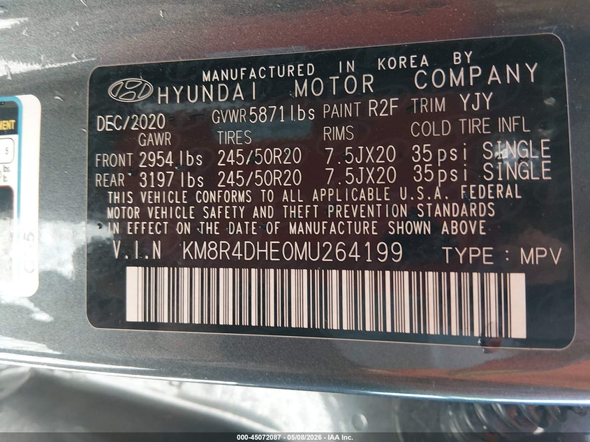 2021 Hyundai Palisade VIN KM8R4DHE0MU264199 IAAI salvage auction — FRONT END, Salvage (West Virginia), sold $3,450 on 2026-07-15 (photo 9)