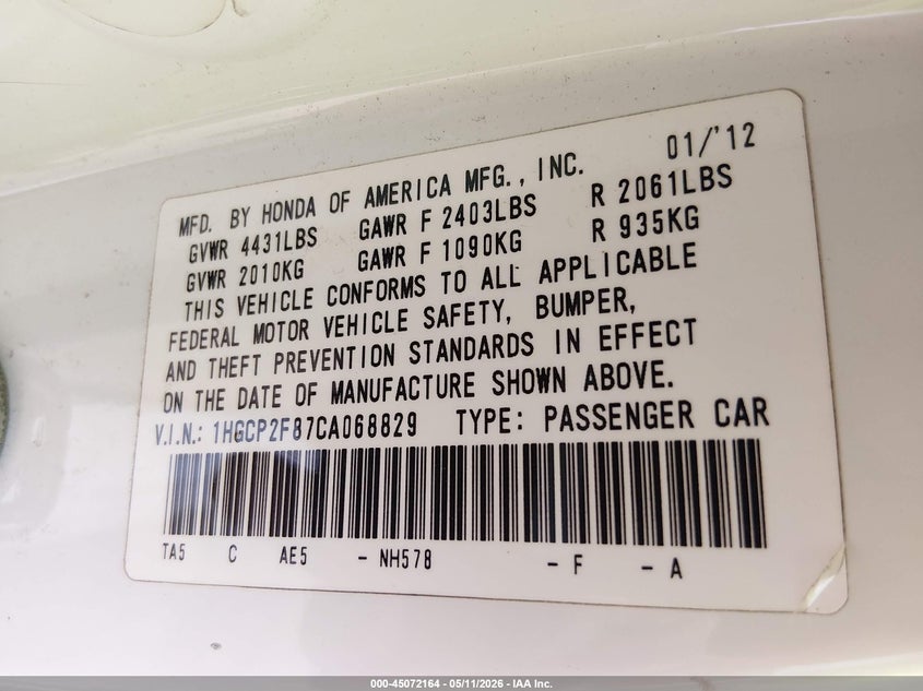 2012 Honda Accord VIN 1HGCP2F87CA068829 IAAI salvage auction — FRONT END, Salvage (Georgia), sold $2,225 on 2026-07-18 (photo 9)