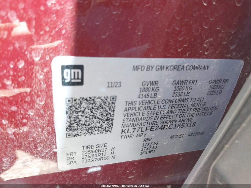 2024 Chevrolet Trax VIN KL77LFE24RC165318 IAAI salvage auction — FRONT END, Salvage (Texas), sold $2,300 on 2026-07-14 (photo 9)