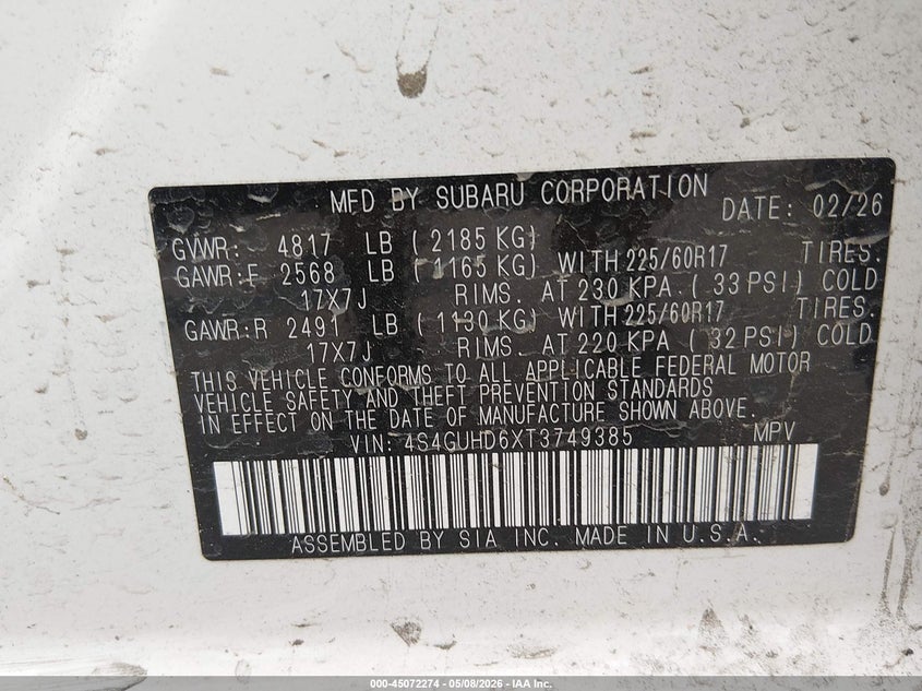 2026 Subaru Xv VIN 4S4GUHD6XT3749385 IAAI salvage auction — RIGHT FRONT, Original (Texas), sold $7,200 on 2026-07-21 (photo 9)