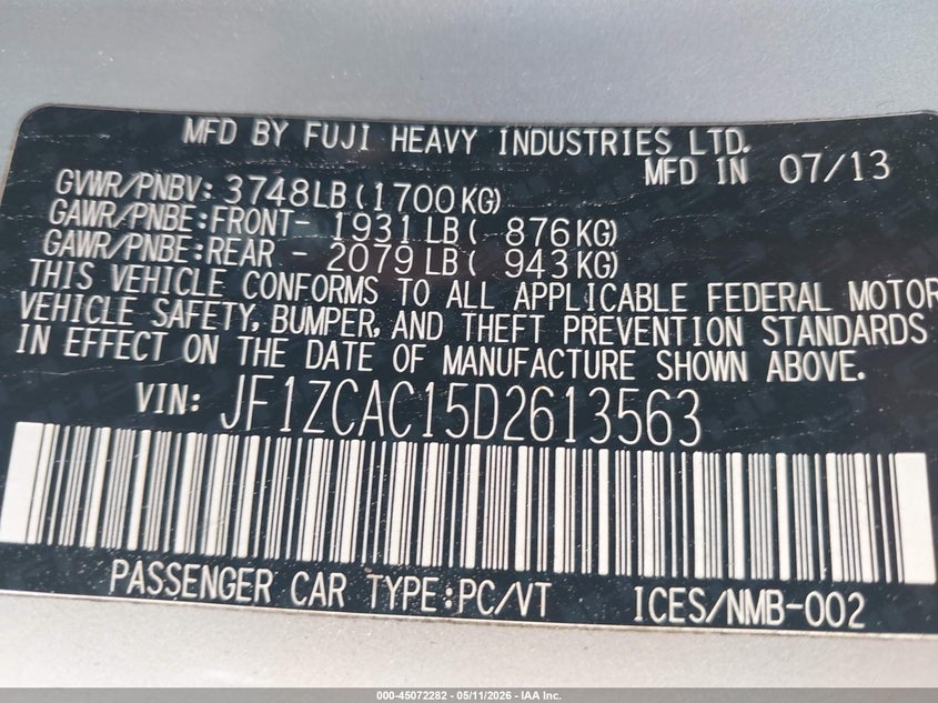 2013 Subaru Brz VIN JF1ZCAC15D2613563 IAAI salvage auction — FRONT & REAR, Original (Texas), sold $1,550 on 2026-07-20 (photo 9)