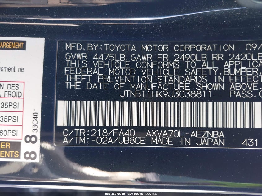 2018 Toyota Camry VIN JTNB11HK9J3038811 IAAI salvage auction — REAR END, Salvage (California), sold $4,950 on 2026-07-07 (photo 9)