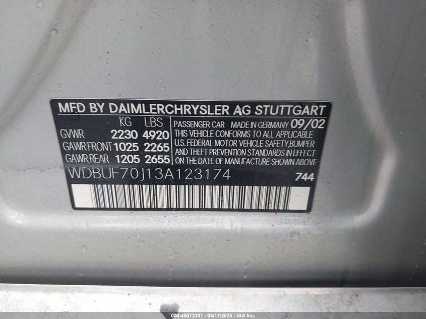 2003 Mercedes-benz E-klasse VIN WDBUF70J13A123174 IAAI salvage auction — RIGHT FRONT, Salvage - Greater Than 75% (Maryland), sold $250 on 2026-07-09 (photo 9)