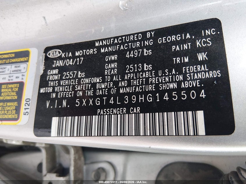 2017 Kia Optima VIN 5XXGT4L39HG145504 IAAI salvage auction — FRONT END, Salvage (Louisiana), sold $25 on 2026-07-29 (photo 9)