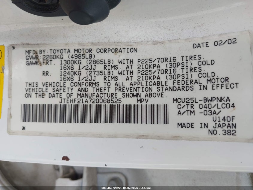 2002 Toyota Highlander VIN JTEHF21A720068525 IAAI salvage auction — NORMAL WEAR, Salvage (Texas), sold $500 on 2026-07-15 (photo 9)