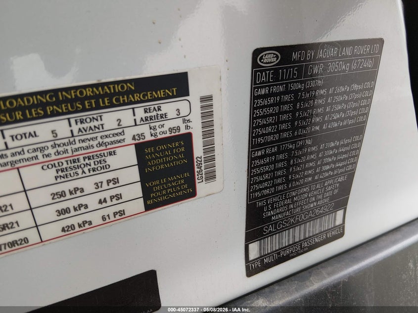 2016 Land rover RANGE ROVER VIN SALGS2KF0GA264922 IAAI salvage auction — RIGHT SIDE, Clear (New Jersey), sold $7,950 on 2026-07-20 (photo 9)