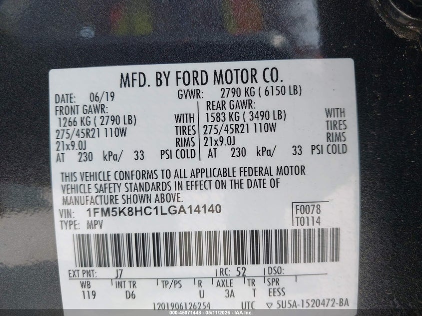 2020 Ford Explorer VIN 1FM5K8HC1LGA14140 IAAI salvage auction — THEFT, Salvage (Texas), sold $14,300 on 2026-07-29 (photo 9)