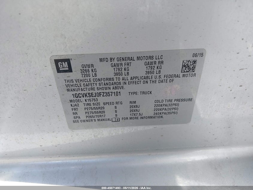 2015 Chevrolet Silverado VIN 1GCVKSEJ0FZ357101 IAAI salvage auction — RIGHT SIDE, Salvage (Idaho), sold $7,100 on 2026-07-30 (photo 9)