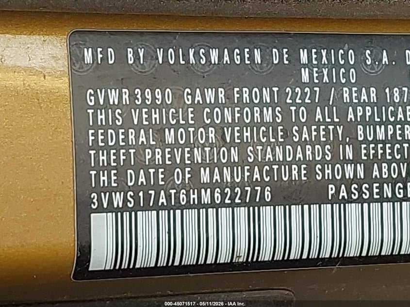 2017 Volkswagen Beetle VIN 3VWS17AT6HM622776 IAAI salvage auction — HAIL, Original (Texas), sold $7,350 on 2026-07-07 (photo 9)