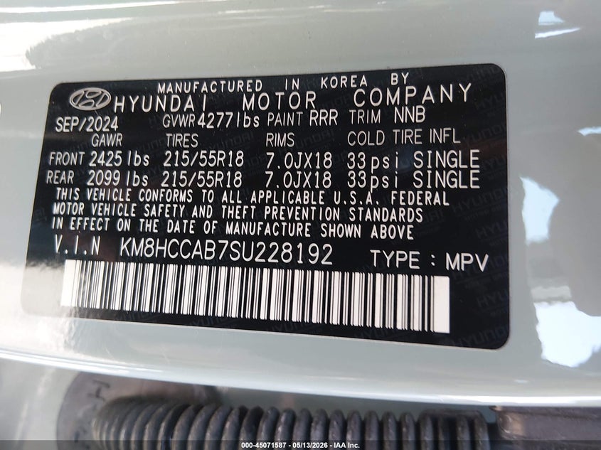 2025 Hyundai Kona VIN KM8HCCAB7SU228192 IAAI salvage auction — RIGHT FRONT, Salvage (Missouri), sold $7,200 on 2026-07-08 (photo 9)