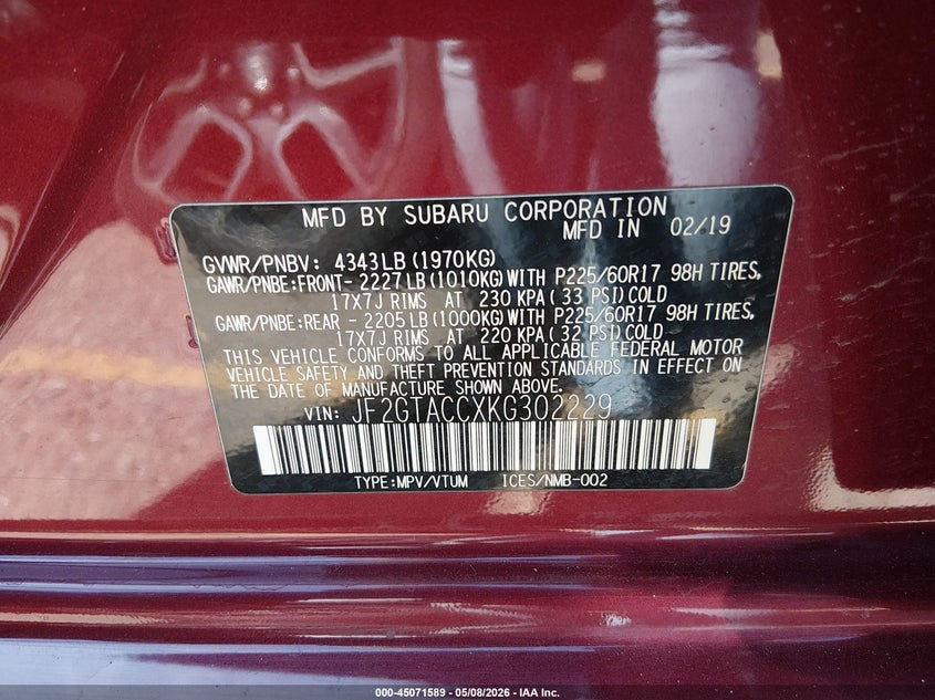 2019 Subaru Xv VIN JF2GTACCXKG302229 IAAI salvage auction — LEFT SIDE, Salvage (Colorado), sold $1,150 on 2026-07-28 (photo 9)