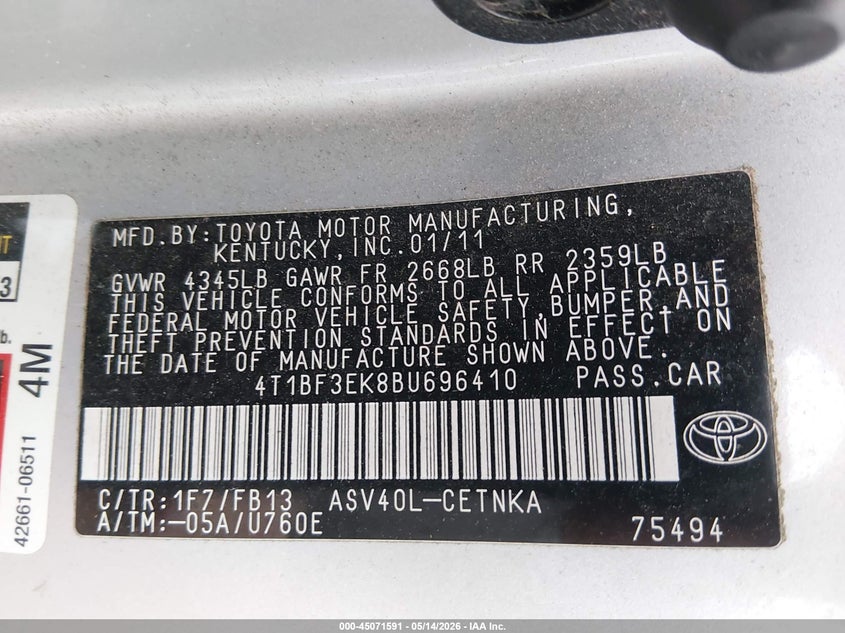 2011 Toyota Camry VIN 4T1BF3EK8BU696410 IAAI salvage auction — SIDE, Non-Repairable Certificate (West Virginia), sold $225 on 2026-07-11 (photo 9)