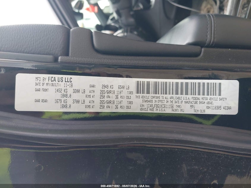 2019 Jeep Grand cherokee VIN 1C4RJFBG1KC611156 IAAI salvage auction — LEFT FRONT, Salvage (Ohio), sold $8,100 on 2026-07-18 (photo 9)
