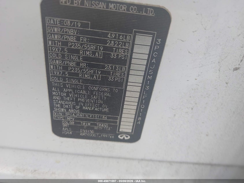 2020 Infiniti Qx50 VIN 3PCAJ5M13LF101184 IAAI salvage auction — FRONT END, Salvage Title, sold $6,000 on 2026-09-08 (photo 9)