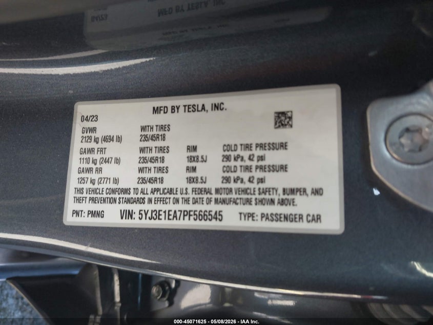 2023 Tesla Model 3 VIN 5YJ3E1EA7PF566545 IAAI salvage auction — LEFT SIDE, Rebuildable (Florida), sold $5,900 on 2026-07-29 (photo 9)
