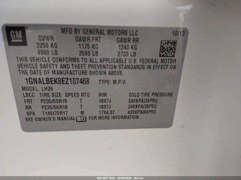2014 Chevrolet Equinox VIN 1GNALBEK8EZ107468 IAAI salvage auction — REAR END, Salvage (Illinois), sold $1,500 on 2026-07-10 (photo 9)