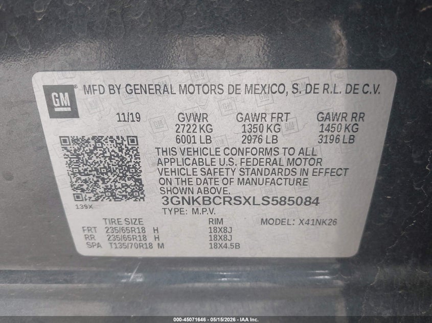 2020 Chevrolet Blazer VIN 3GNKBCRSXLS585084 IAAI salvage auction — HAIL, Clear (Missouri), sold $5,200 on 2026-07-27 (photo 9)