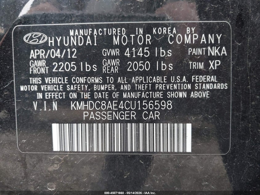 2012 Hyundai Elantra VIN KMHDC8AE4CU156598 IAAI salvage auction — FRONT END, Salvage (Pennsylvania), sold $25 on 2026-07-07 (photo 9)