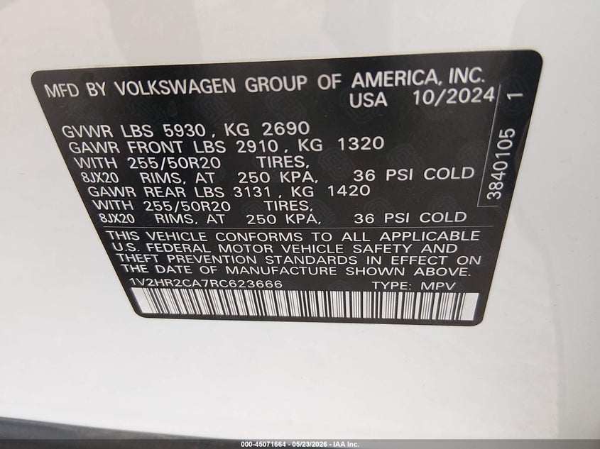 2024 Volkswagen Atlas VIN 1V2HR2CA7RC623666 IAAI salvage auction — HAIL, Salvage (Iowa), sold $17,100 on 2026-07-29 (photo 9)