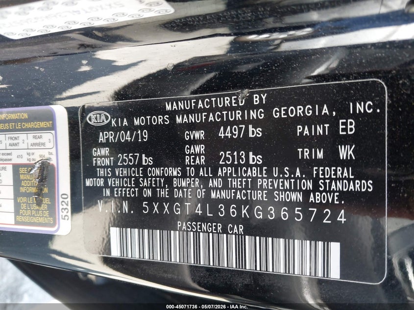 2019 Kia Optima VIN 5XXGT4L36KG365724 IAAI salvage auction — ENGINE DAMAGE, Salvage (California), sold $2,125 on 2026-07-09 (photo 9)