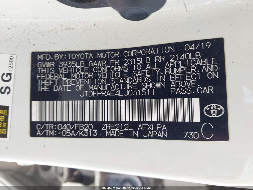 2020 Toyota Corolla VIN JTDEPRAE4LJ031511 IAAI salvage auction — LEFT REAR, Certificate Of Destruction (Florida), sold $3,550 on 2026-07-16 (photo 9)