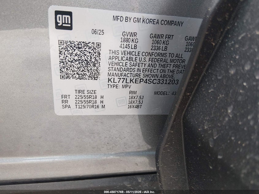 2025 Chevrolet Trax VIN KL77LKEP4SC331203 IAAI salvage auction — LEFT SIDE, Salvage (Texas), sold $4,025 on 2026-07-21 (photo 9)