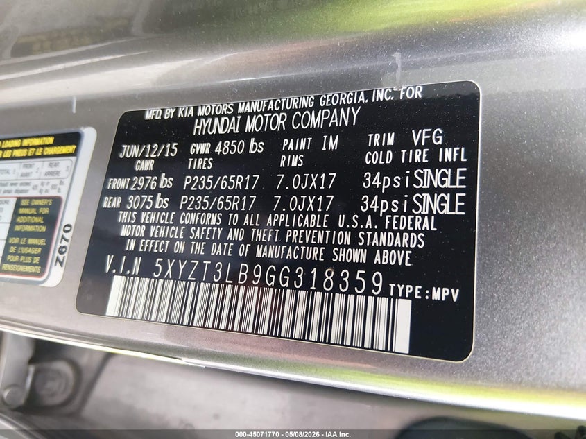 2016 Hyundai Santa fe VIN 5XYZT3LB9GG318359 IAAI salvage auction — FRONT END, Clear (Indiana), sold $2,225 on 2026-07-08 (photo 9)