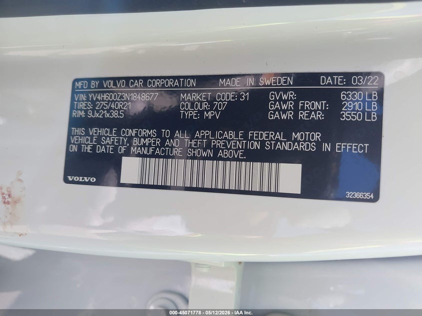 2022 Volvo Xc90 VIN YV4H600Z3N1848677 IAAI salvage auction — ROLLOVER, Junk (Missouri), sold $625 on 2026-07-31 (photo 9)